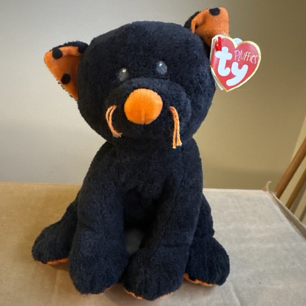 2008‎ Ty Pluffies  TRICKERY the Black & Orange Halloween Cat Kitten Plush Tylux